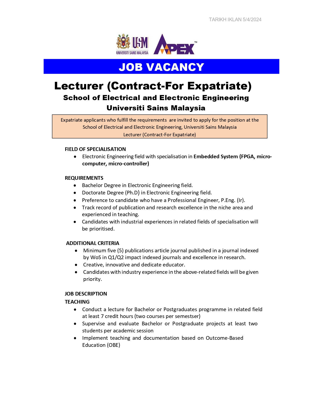 22042024 JOB VACANCY Lecturer Contract For Expatriate Electronic SEEE USM page 0001