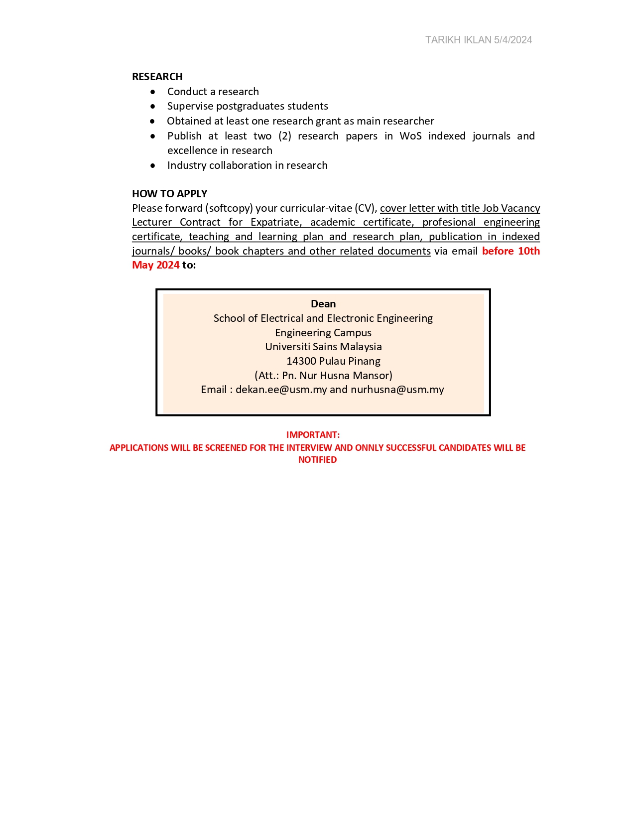 22042024 JOB VACANCY Lecturer Contract For Expatriate Electronic SEEE USM page 0002