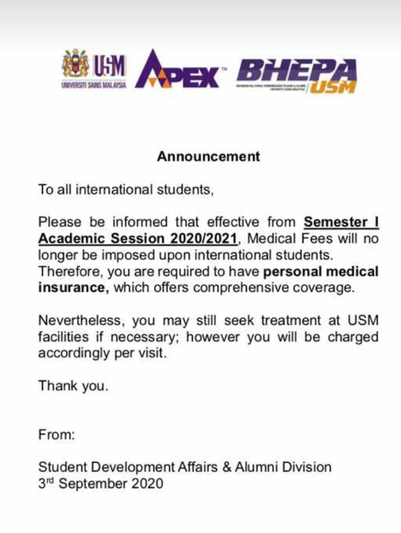 20201001 Hebahan International Students Medical Fees