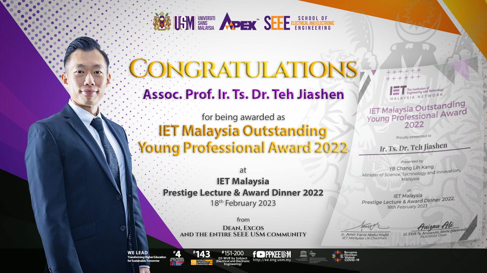 2023 0222 Poster 1920x1080 Tahniah Penerimaan Anugerah IET Dr. Teh Jiashen
