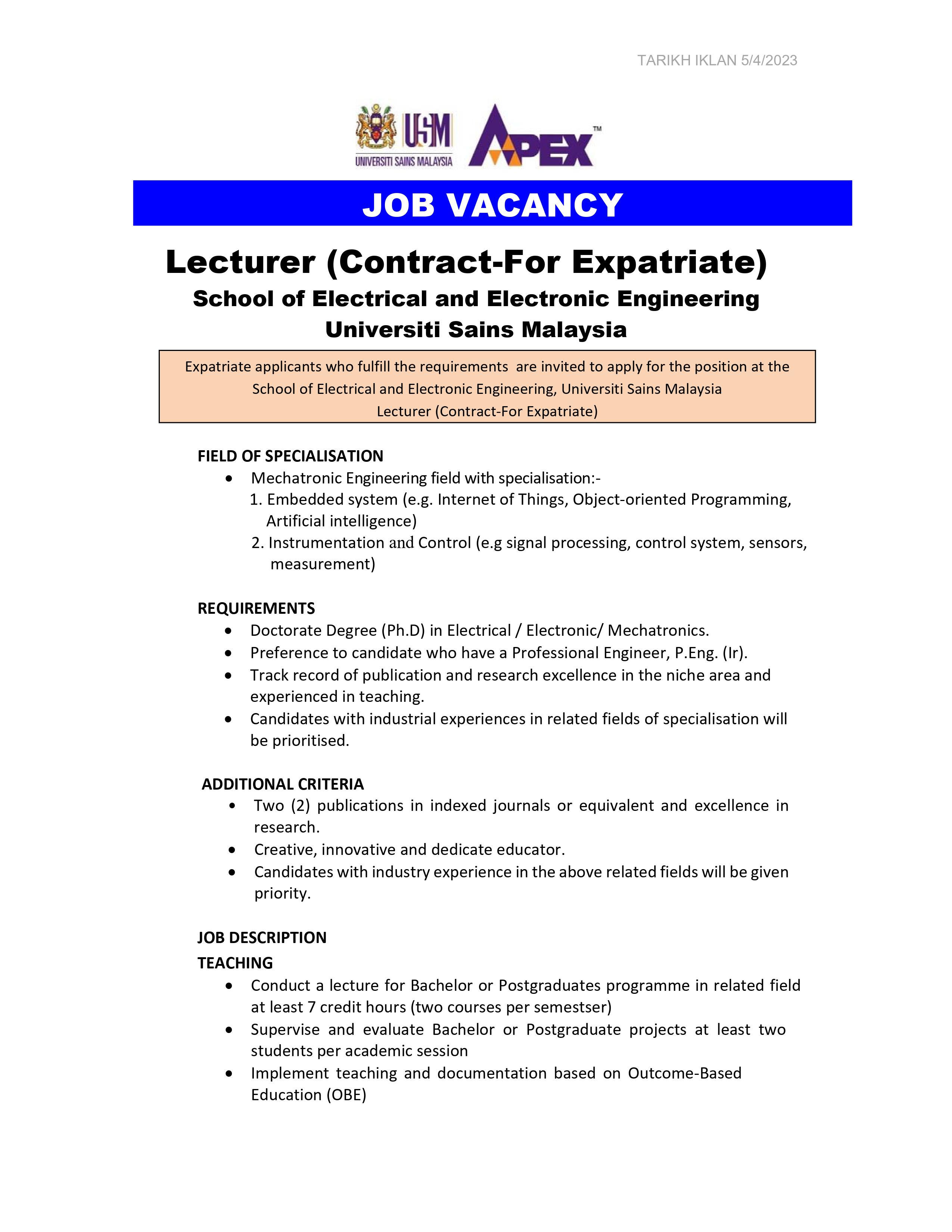 JOB VACANCY Lecturer Contract For Expatriate SEEE USM 20230504 1